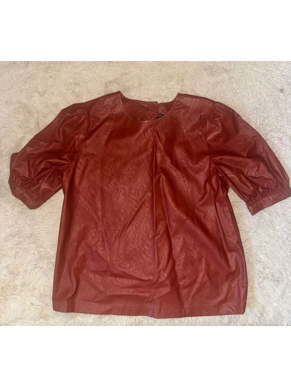 Who What Wear Faux Leather Puff Sleeve Top NWT Size Small Brown Vegan Leather
